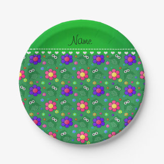 Personalised name green owls flowers pattern paper plate