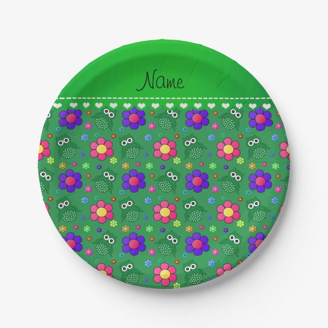 Personalised name green owls flowers pattern paper plate (Front)