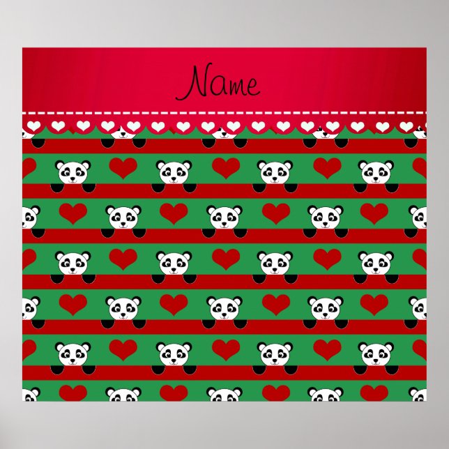 Personalised name green panda red heart stripes poster (Front)