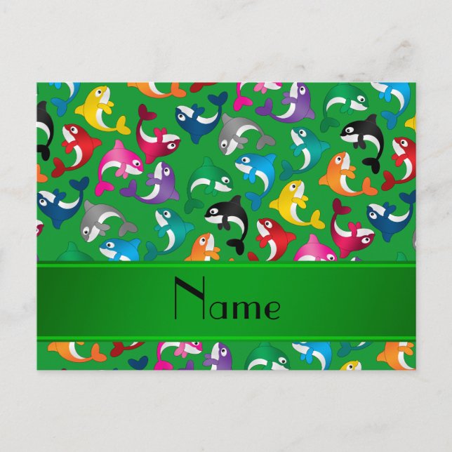 Personalised name green rainbow killer whales postcard (Front)