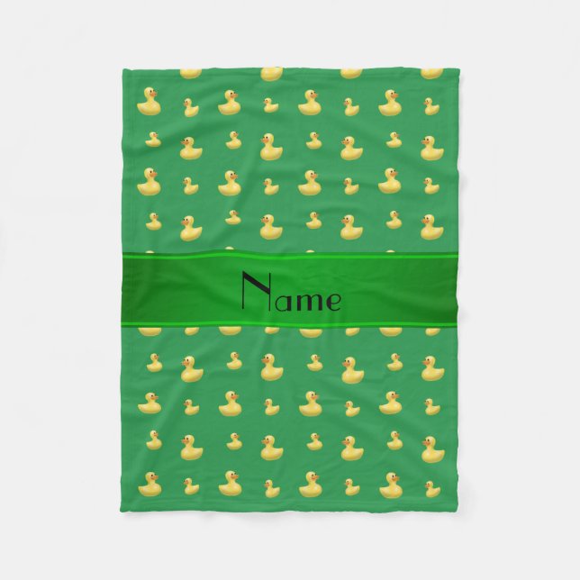 Personalised name green rubber duck pattern fleece blanket (Front)