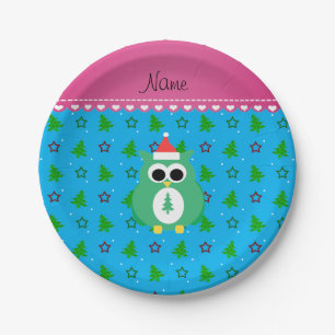 Personalised name green santa owl sky blue trees paper plate