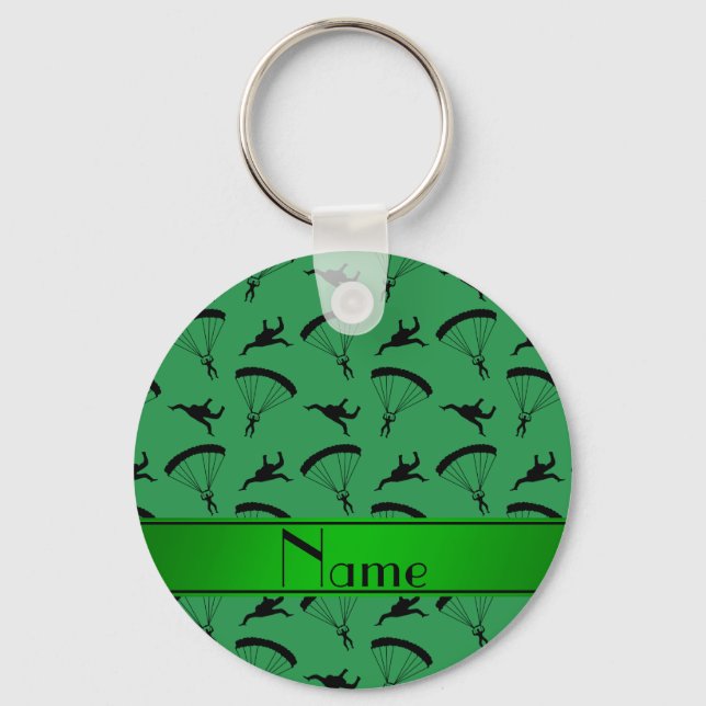 Personalised name green skydiving pattern key ring (Front)