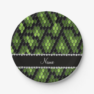 Personalised name green snake skin pattern paper plate