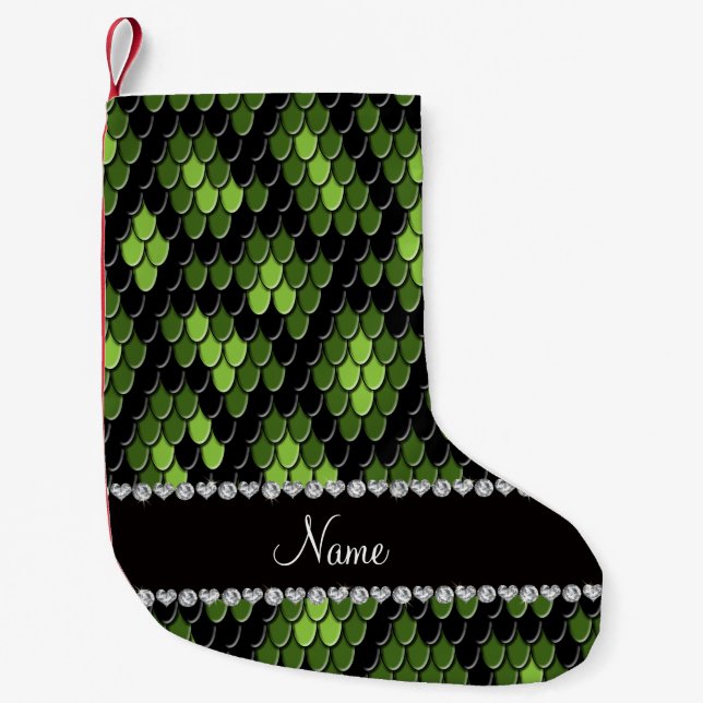 Personalised name green snake skin pattern small christmas stocking (Front)
