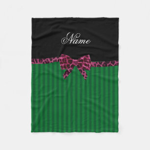 Personalised name green stripes plum leopard bow fleece blanket