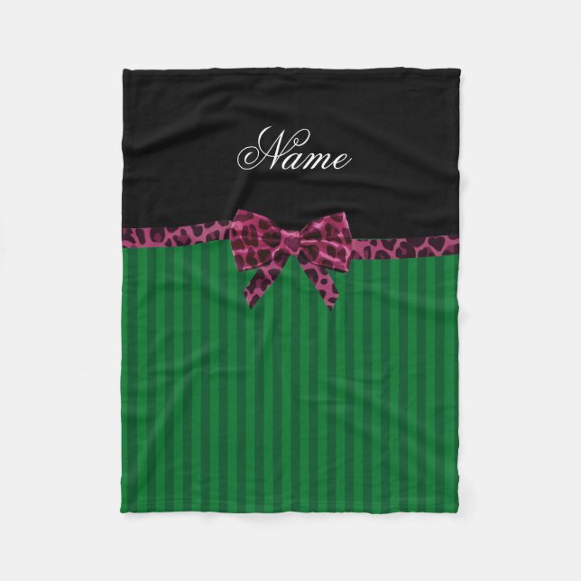 Personalised name green stripes plum leopard bow fleece blanket (Front)