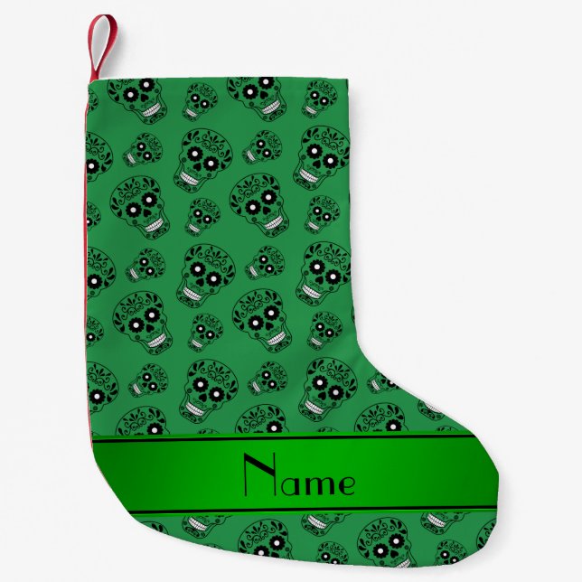 Personalised name green sugar skulls small christmas stocking (Front)