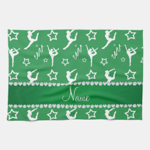 Personalised name green white gymnastics stars tea towel