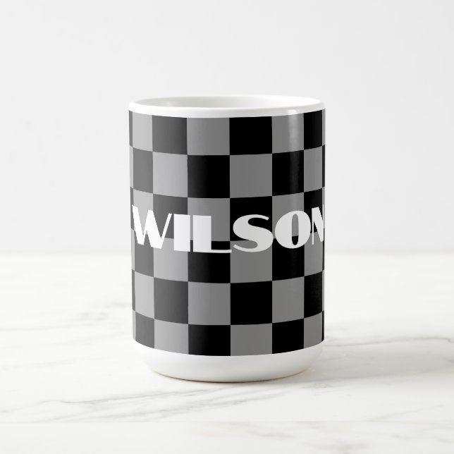 personalised name grey and black chequered  coffee mug (Center)