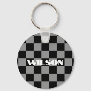 personalised name grey and black chequered  key ring
