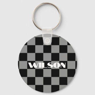 personalised name grey and black chequered  key ring