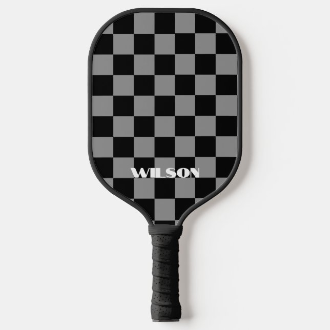 personalised name grey and black chequered  pickleball paddle (Front)