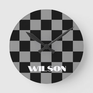 personalised name grey and black chequered  round clock