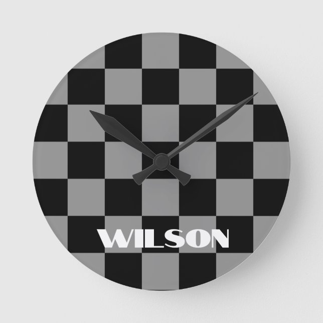 personalised name grey and black chequered  round clock (Front)