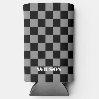 personalised name grey and black chequered  seltzer can cooler