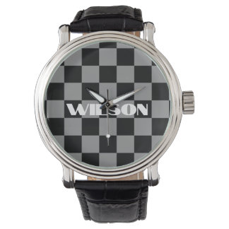personalised name grey and black chequered  watch