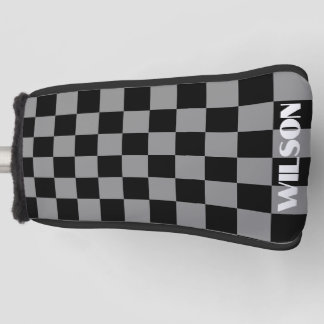 Personalised name grey &black chequered  golf head cover