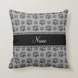 Personalised name grey dog paw prints cushion