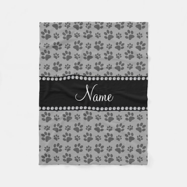 Personalised name grey dog paw prints fleece blanket (Front)