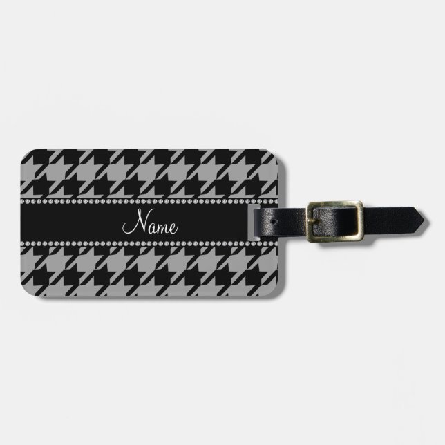 Personalised name grey houndstooth luggage tag (Front Horizontal)