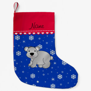 Personalised name grey koala blue snowflakes small christmas stocking