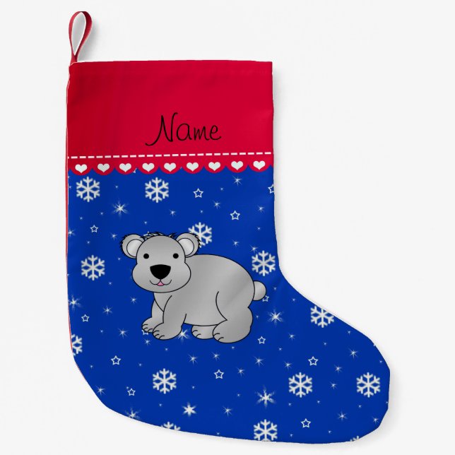 Personalised name grey koala blue snowflakes small christmas stocking (Front)