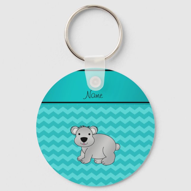 Personalised name grey koala turquoise chevrons key ring (Front)