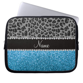Personalised name grey leopard sky blue glitter laptop sleeve