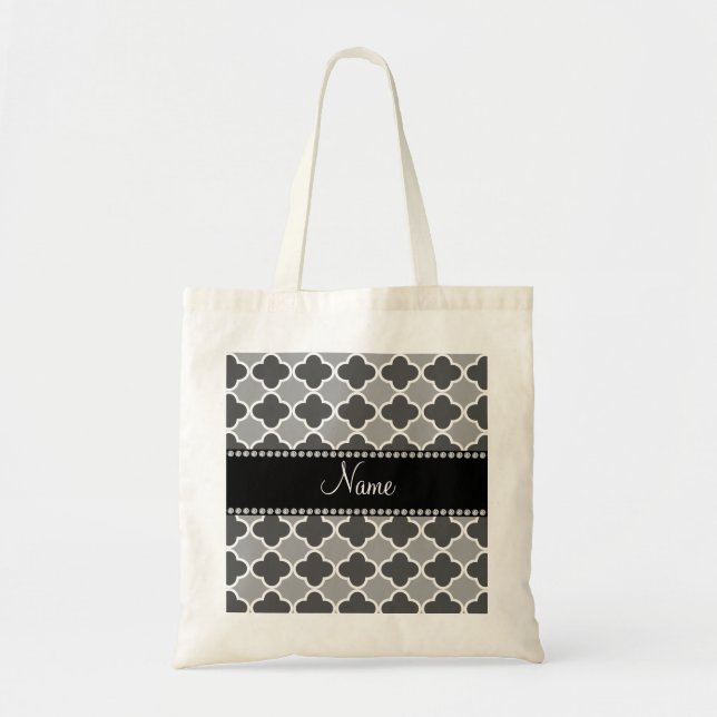 Personalised name grey quatrefoil pattern tote bag (Front)
