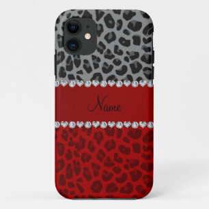 Personalised name grey red leopard pattern iPhone 11 case