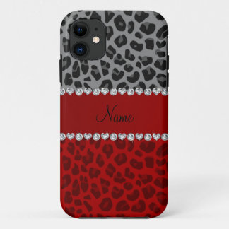 Personalised name grey red leopard pattern iPhone 11 case