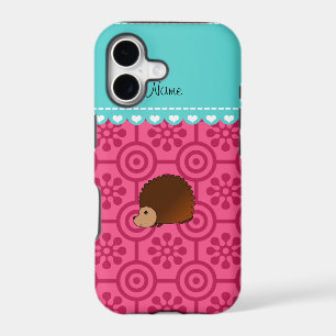 Personalised name hedgehog pink retro flowers