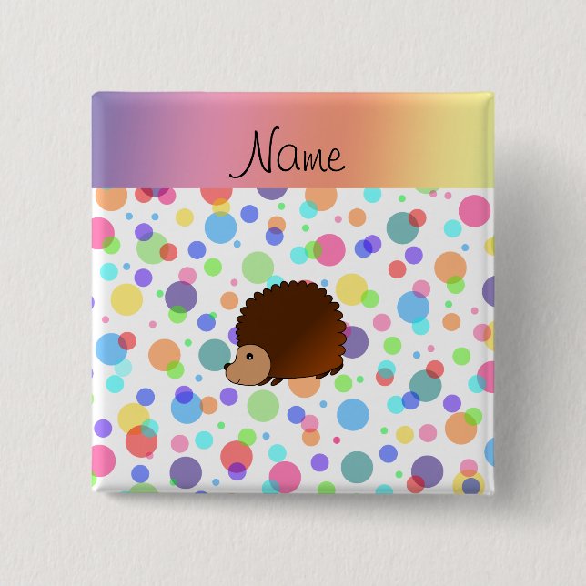 Personalised name hedgehog rainbow polkadots 15 cm square badge (Front)