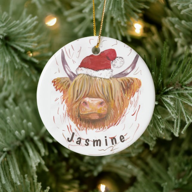 Personalised Name Highland Cow with Christmas Hat Ceramic Tree Decoration (Tree)