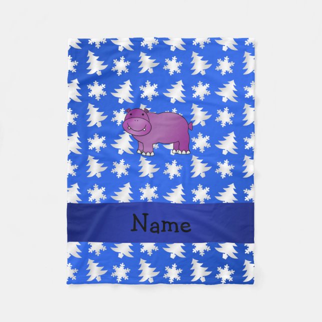Personalised name hippo blue snowflakes trees fleece blanket (Front)