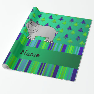 Personalised name hippo green blue stripes wrapping paper