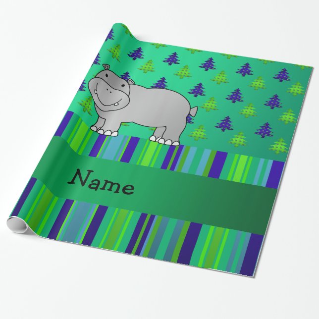 Personalised name hippo green blue stripes wrapping paper (Unrolled)
