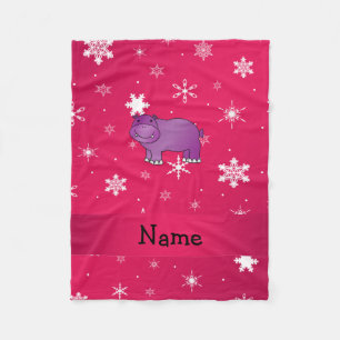Personalised name hippo pink snowflakes fleece blanket