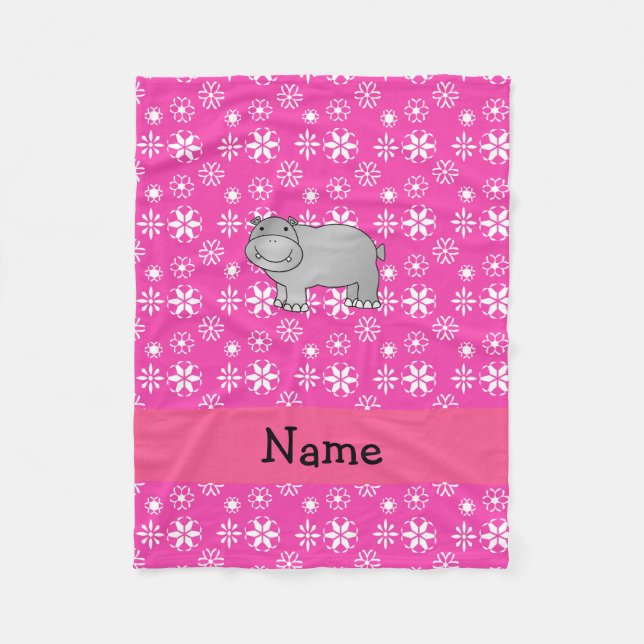 Personalised name hippo pink snowflakes fleece blanket (Front)
