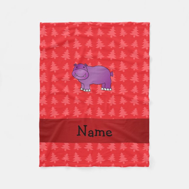 Personalised name hippo red christmas trees fleece blanket (Front)