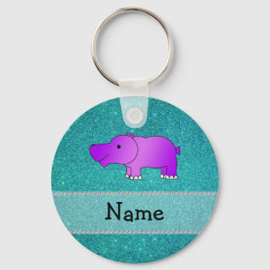 Personalised name hippo turquoise glitter key ring
