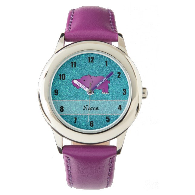 Personalised name hippo turquoise glitter watch (Front)