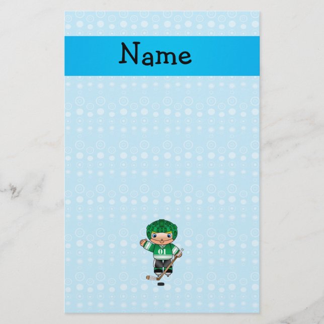 Personalised name hockey player blue bubbles stationery (Front)