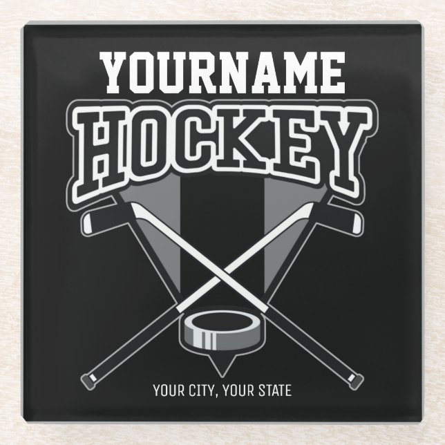 Personalised NAME Hockey Player Stick Puck Team  Glass Coaster (Front)