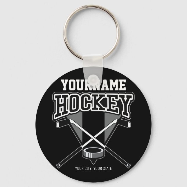 Personalised NAME Hockey Player Stick Puck Team  Key Ring (Front)
