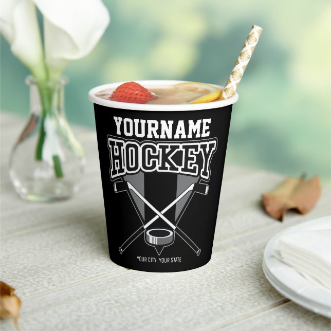 Personalised NAME Hockey Player Stick Puck Team   Paper Cups (Insitu)