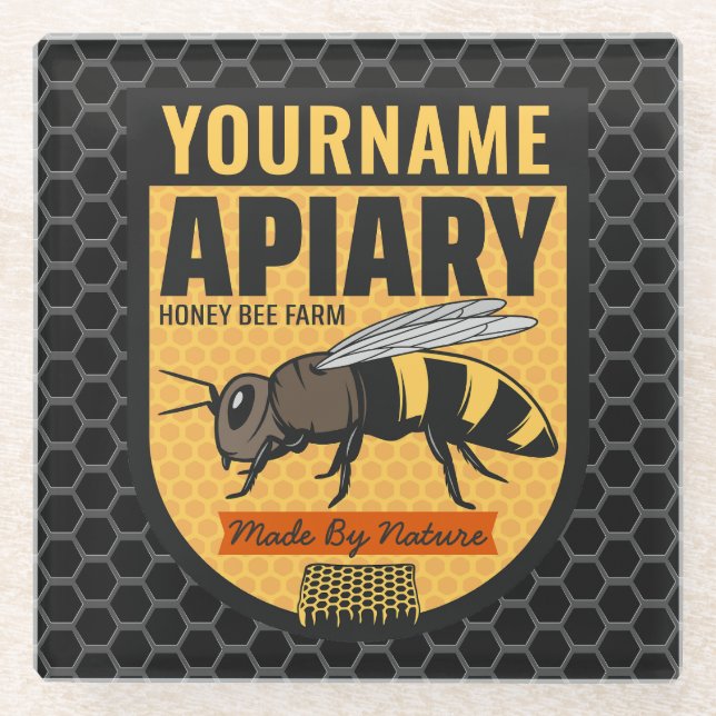 Personalised NAME Honey Bee Apiary Beehives Farm  Glass Coaster (Front)