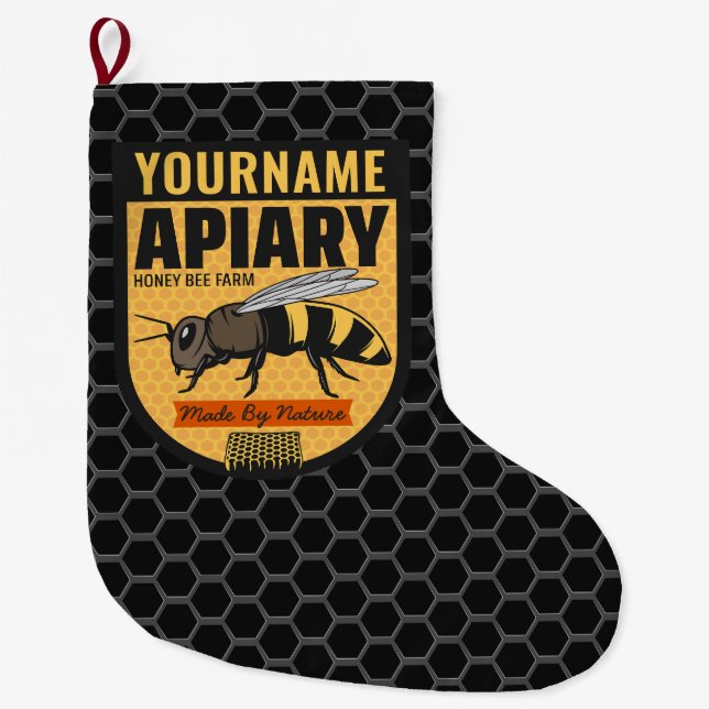 Personalised NAME Honey Bee Apiary Beehives Farm  Large Christmas Stocking (Front)