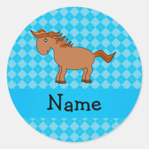Personalised name horse blue argyle classic round sticker